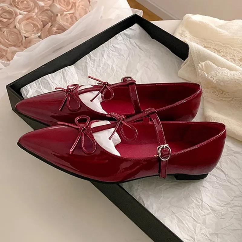 Fashion Red Patent Leather Pointed Toe Mary Jane Shoes for Women Elegant Bow Decoration Women Pumps High Quality Cozy Flats for Women