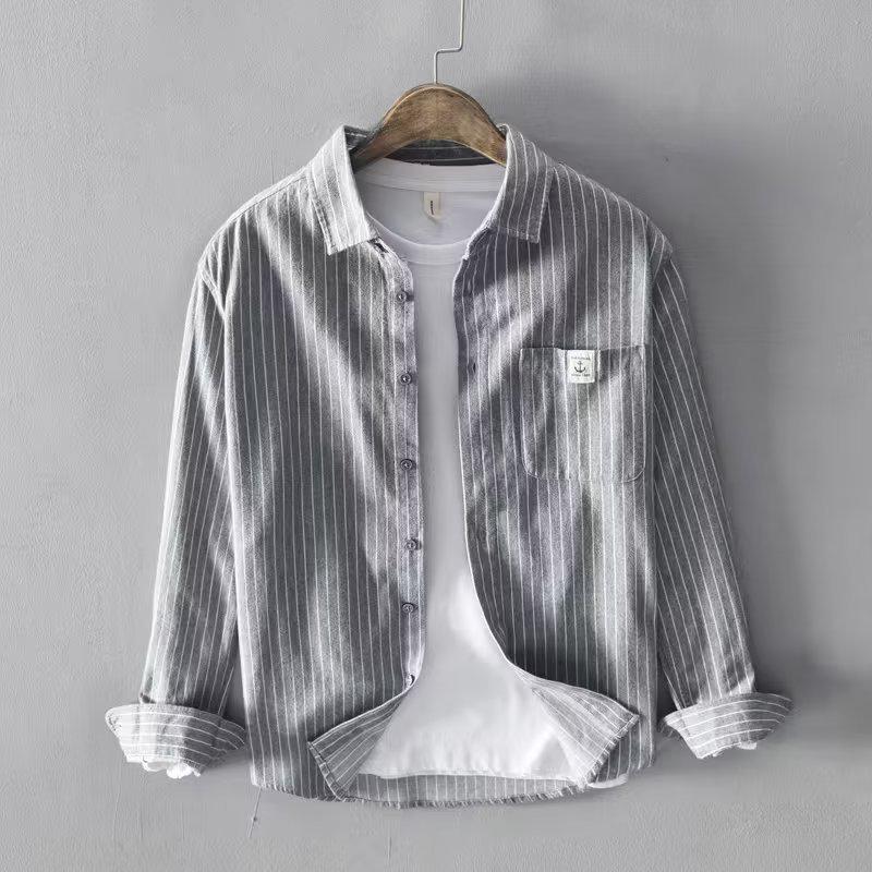 Men's Long Sleeve Striped Plaid Shirt - Hong Kong Style Spring/Autumn Jacket for Teens
