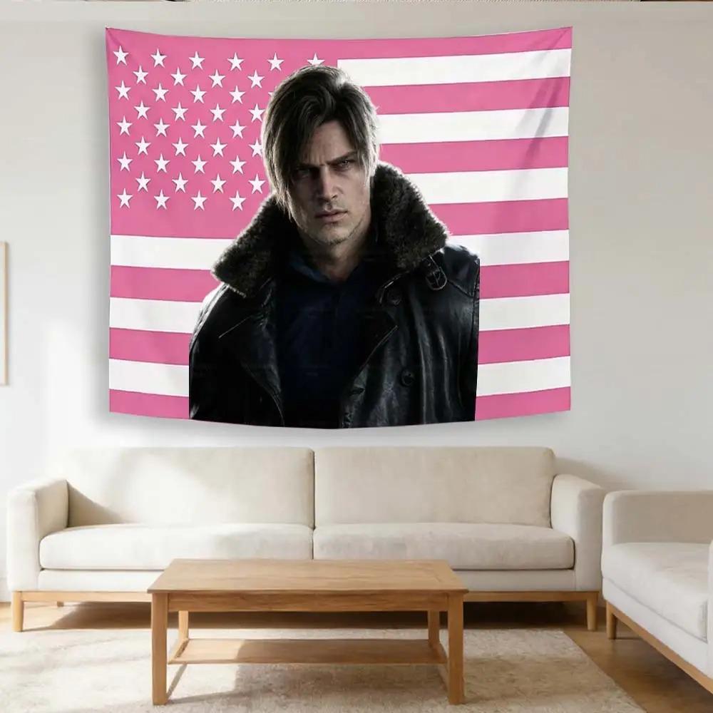 LLeon KKennedy Pink USA Flag Tapestry  Game Character Wall Hanging for Bedroom  Dorm Decor