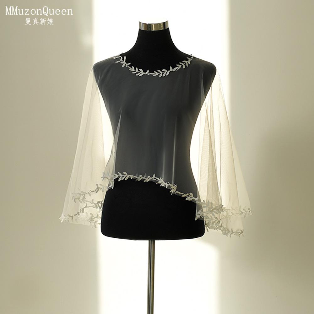 Weißes Blattstickerei durchsichtiger Tüll Umhang Schulterwärmer, Rundhalsausschnitt florales Spitzennetz Schulterbedeckung für trägerloses Satin-Hochzeits Brautkleid Fotoshooting