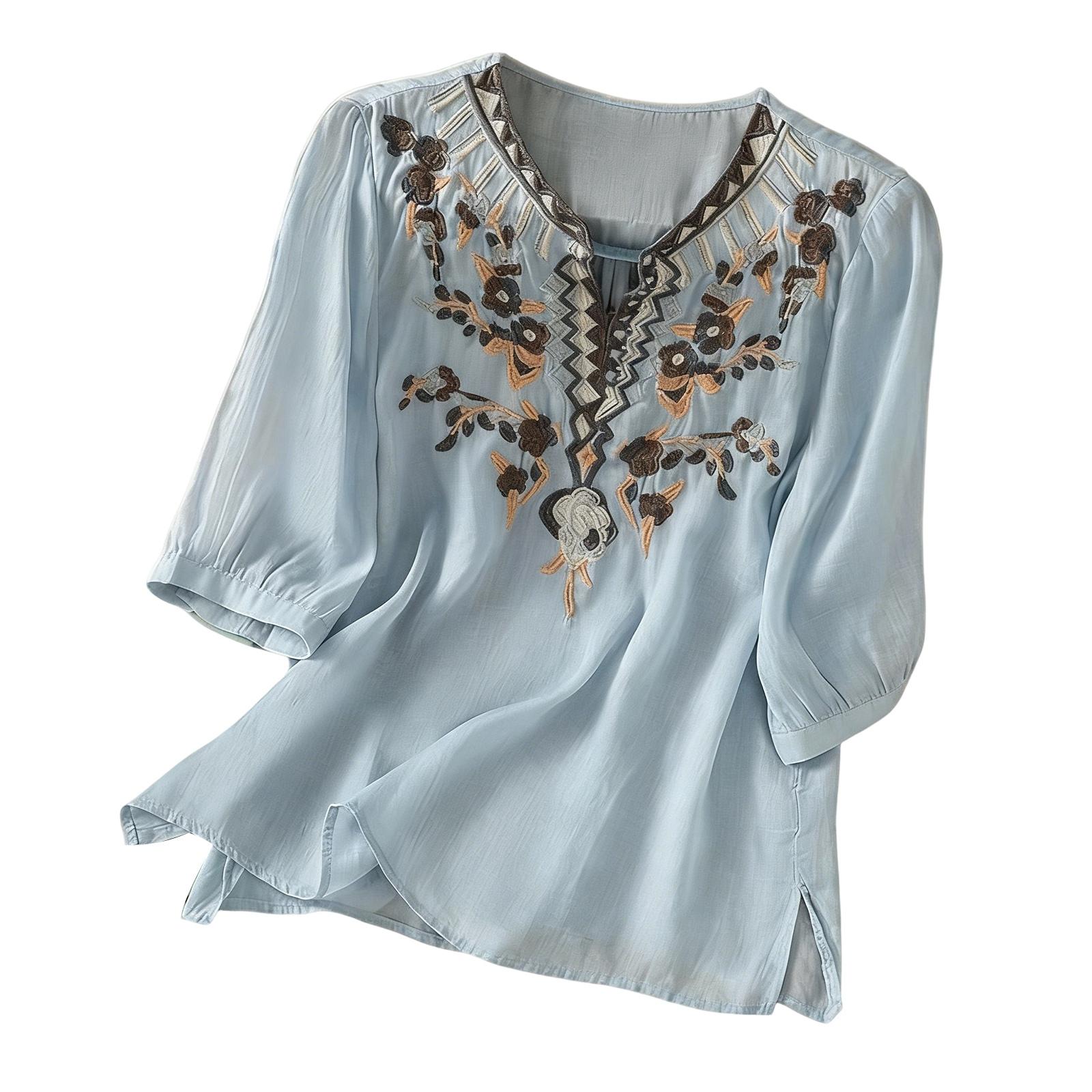 

Жіноча стильна повсякденна сорочка-топ з вишивкою, ретро, бавовна-льон M