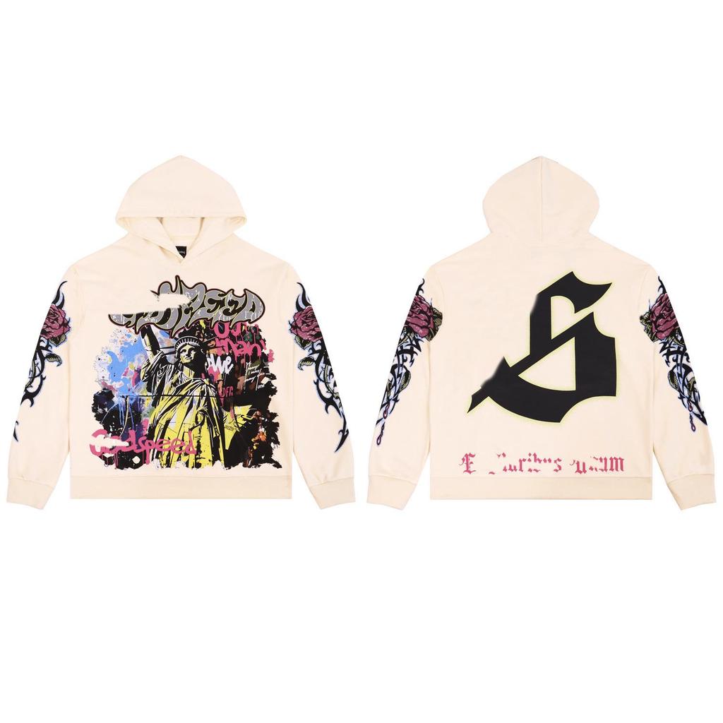 Godspeed Wash-Faded Building Print Men's Loose Hoodie - European & American Trend