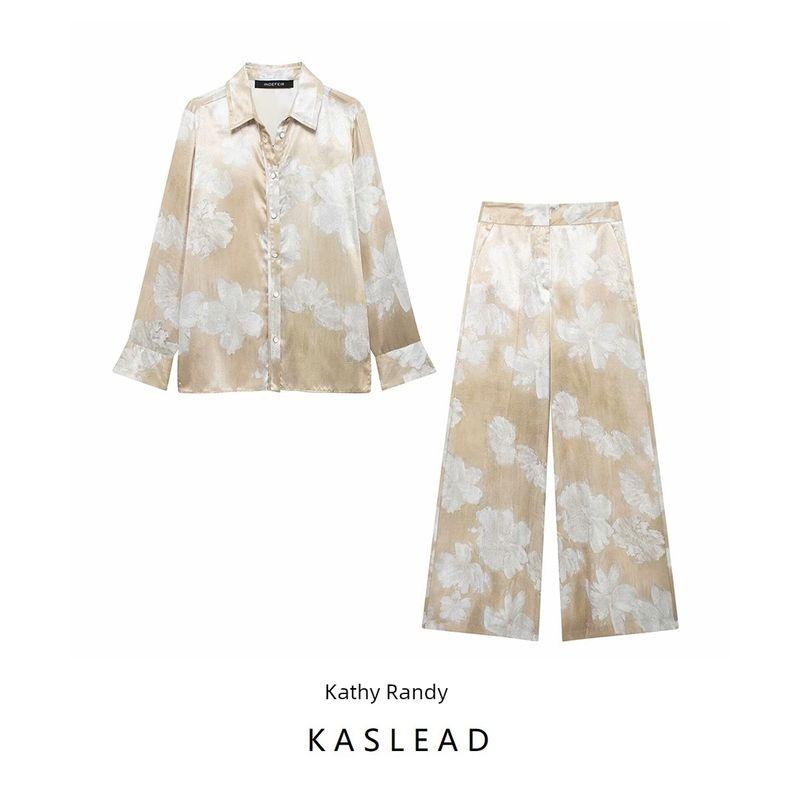 Kaslead New Arrival Women's Fashion Style Fashion Silk Satin Textured Shirt Pants 8925171 8799175