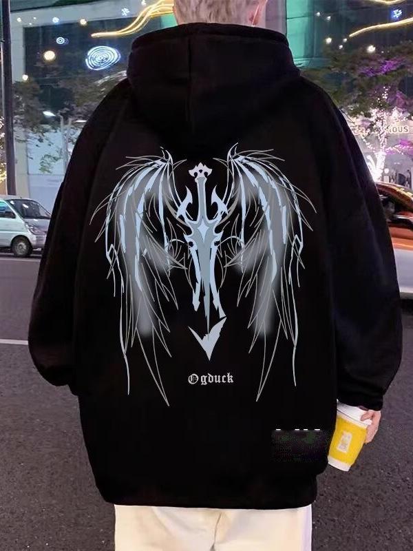 Unisex Dark Street Style Hooded Sweatshirt with Trendy Wings Design