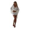Women's White Three Piece Lounge Set with Long Cardigan, Sleeveless Vest and Shorts