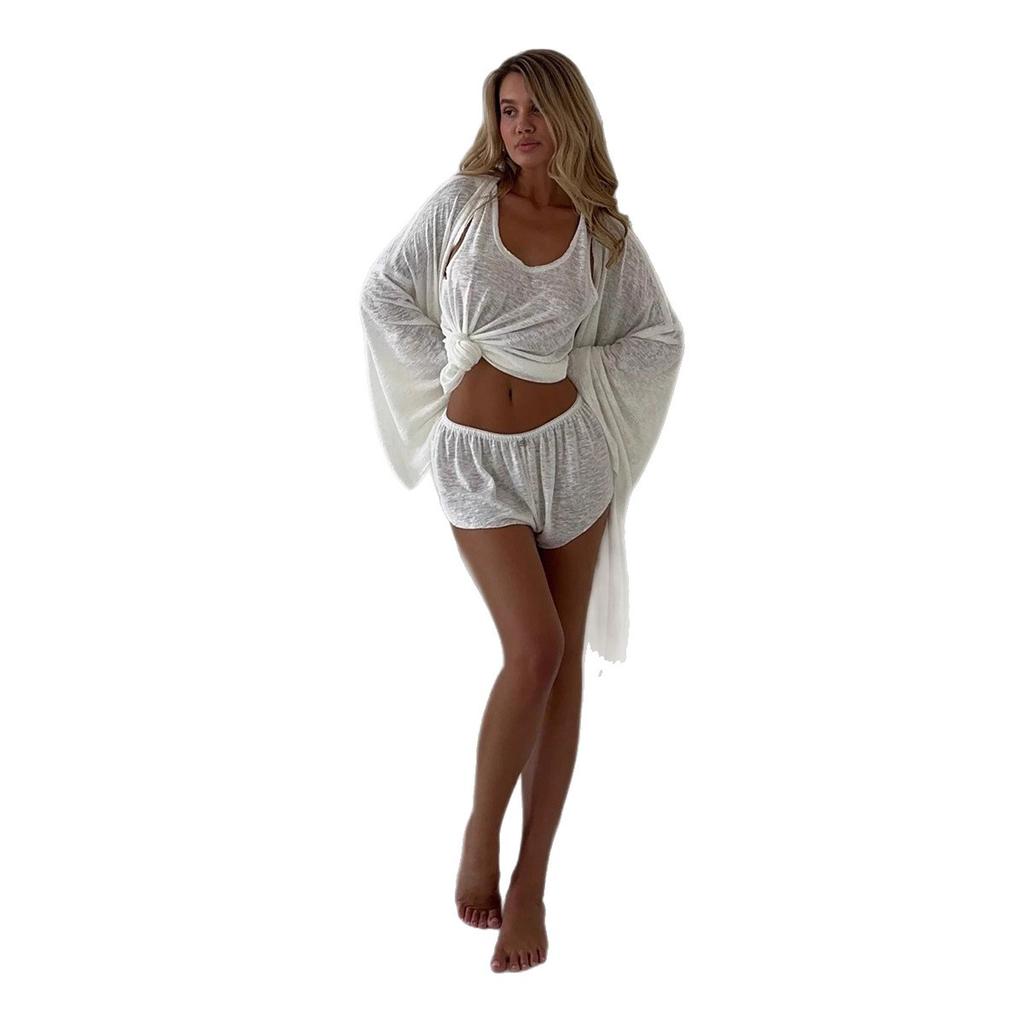 Women's White Three Piece Lounge Set with Long Cardigan, Sleeveless Vest and Shorts