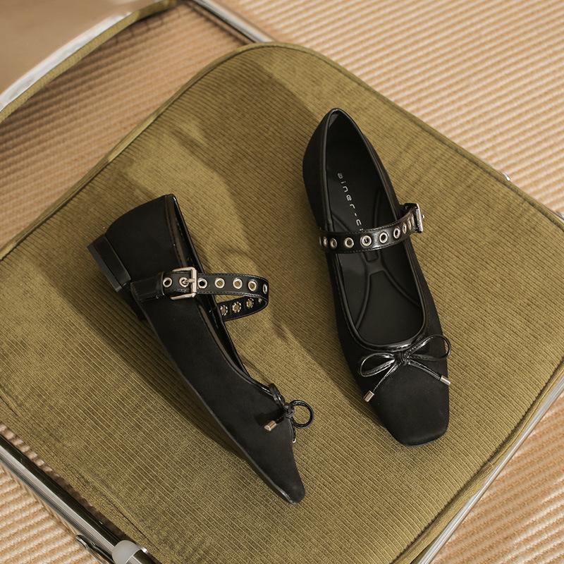 

22307 flat shoes women s thick heel new square head word with Mary Jane shoes French suede bow single shoes 35