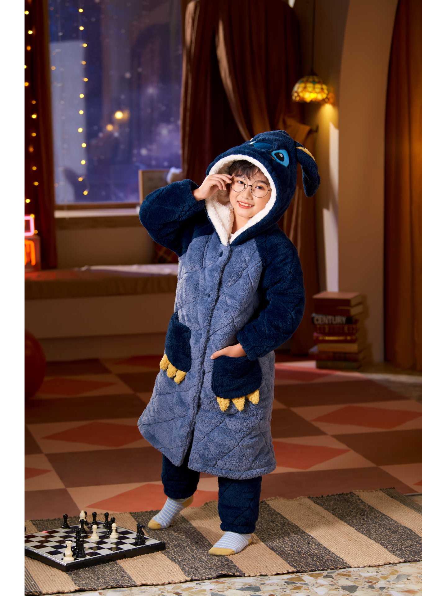 

Hooded Three-Layer Padded Pajama Set - Warm, Cartoon Design for Men, Women, and Kids - Winter Cotton Sleepwear 14