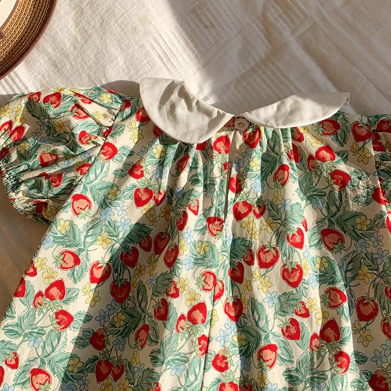 Sweet Strawberry Embroidered Peter Pan Collar Girls Summer Dress Short Sleeve Tiered Cake Dress For Kids
