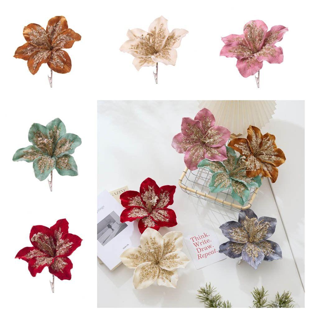 19cm Artificial Poinsettia Glitter Flower Sequin Glitter Fake Christmas Flowers Simulation Flannel Photography Props Xmas