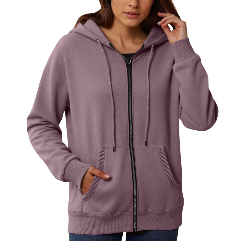 Women's Loose And Comfortable Zipper V-neck Long Sleeved Solid Color Pullover Sweatshirt Jacket