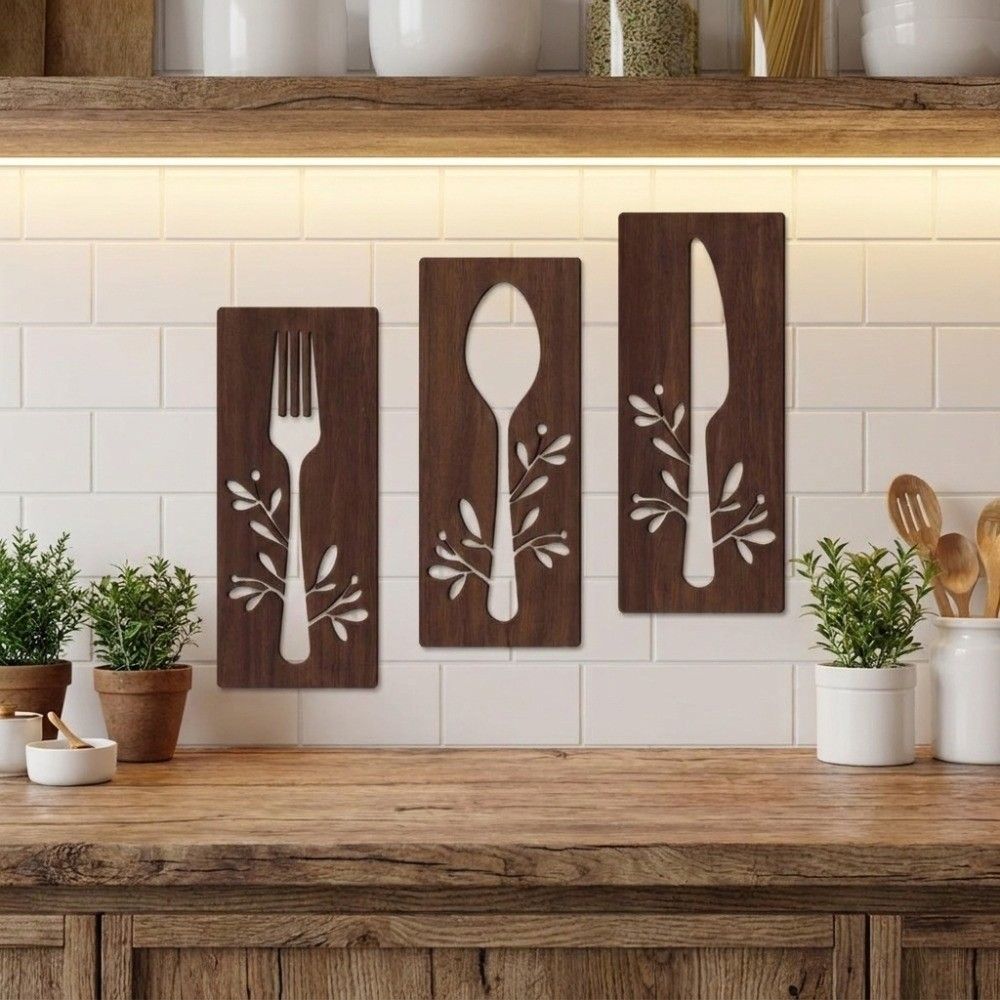 3pcs Hollow Out Kitchen Tools Wall Plaques Fork Wall Sticker Hangings Restaurant Decor