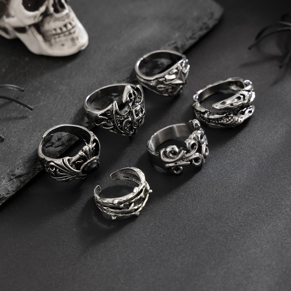 6Pcs Antique Silver Open Ring Set Male, Hip Hop Diablo Exaggerated Ring Accessories Gift