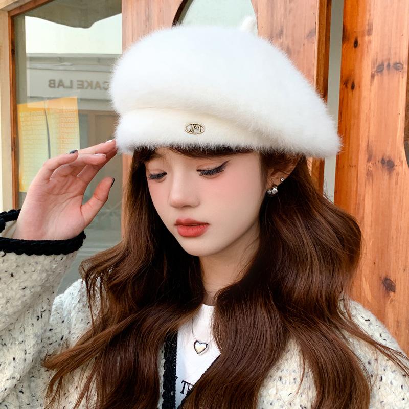 Autumn and Winter Korean New Rabbit Wool Hat Women's High End Temperament Versatile Painter Hat Cold Proof Face Small Beret Hat