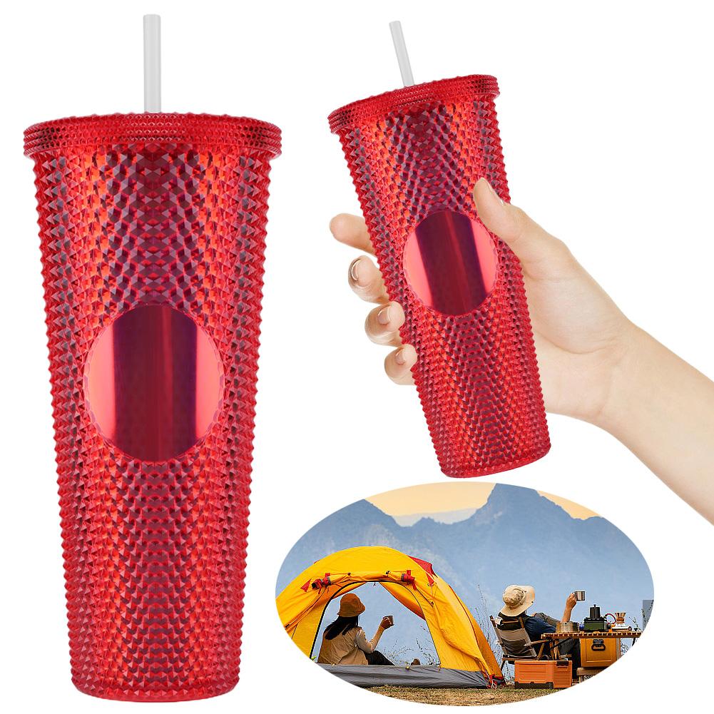 

710 мл пластиковая соломенная чашка со стразами и заклепками, стакан с двойными стенками для воды, большая вместительная дорожная кружка для дома и улицы CHINA