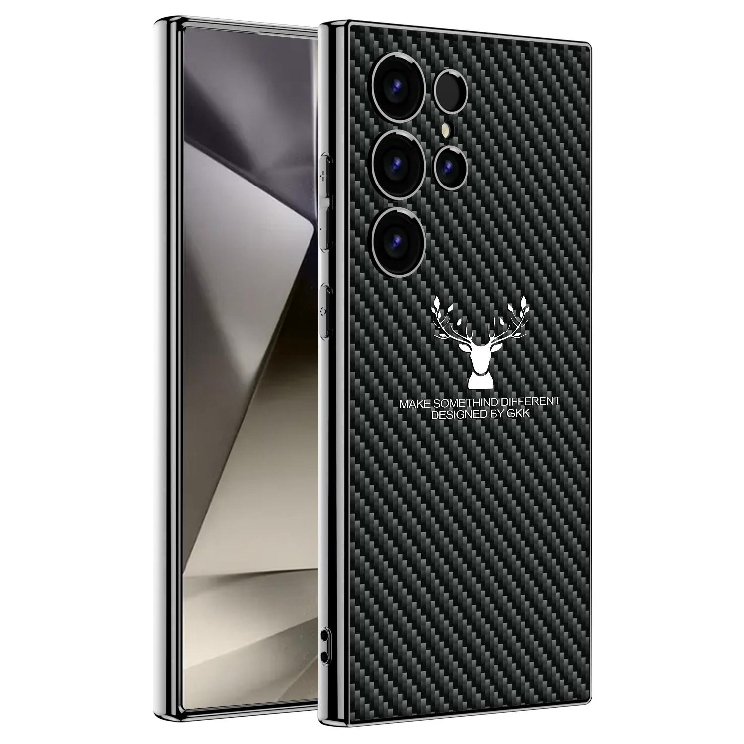 

For Samsung Galaxy S24 Ultra Case Deer Pattern Electroplating TPU+PC+PU Phone Back Cover Carbon Fiber Texture