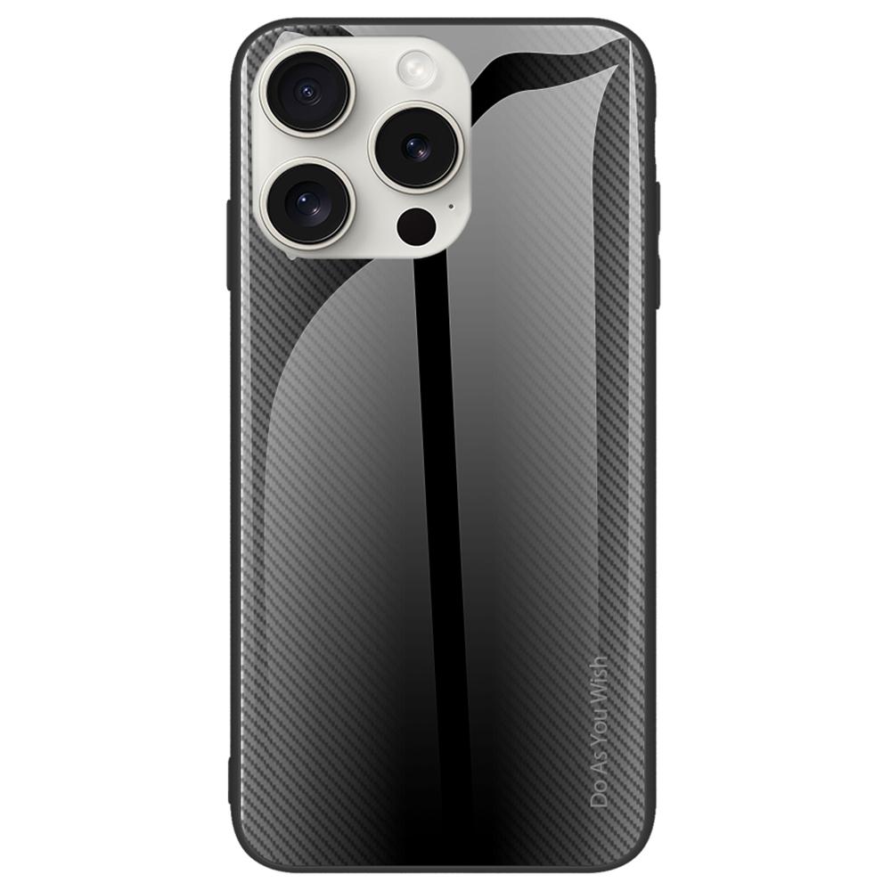 

For iPhone 16 Pro Max Case Carbon Fiber Texture Tempered Glass+TPU Phone Cover Black