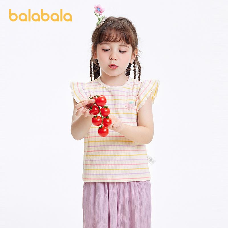 Balabala T-shirt for girls, short sleeved children's top, summer new style, striped T-shirt, sweet little fly sleeves