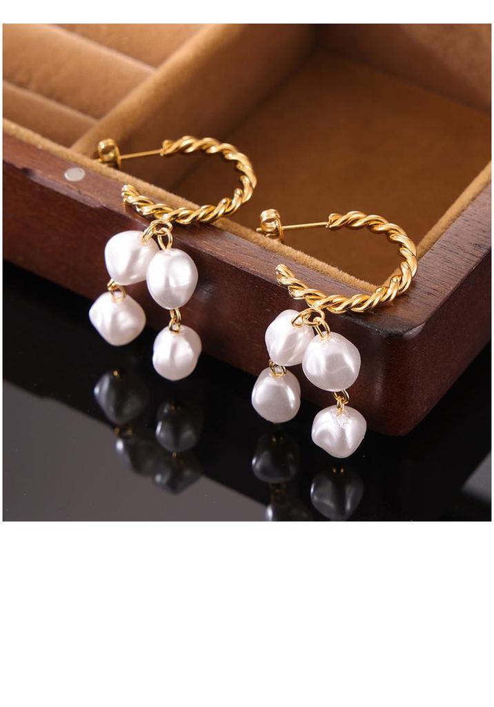Bohemian Twist Faux Pearl Earrings: Elegant 18k Gold-Plated Titanium Steel Studs