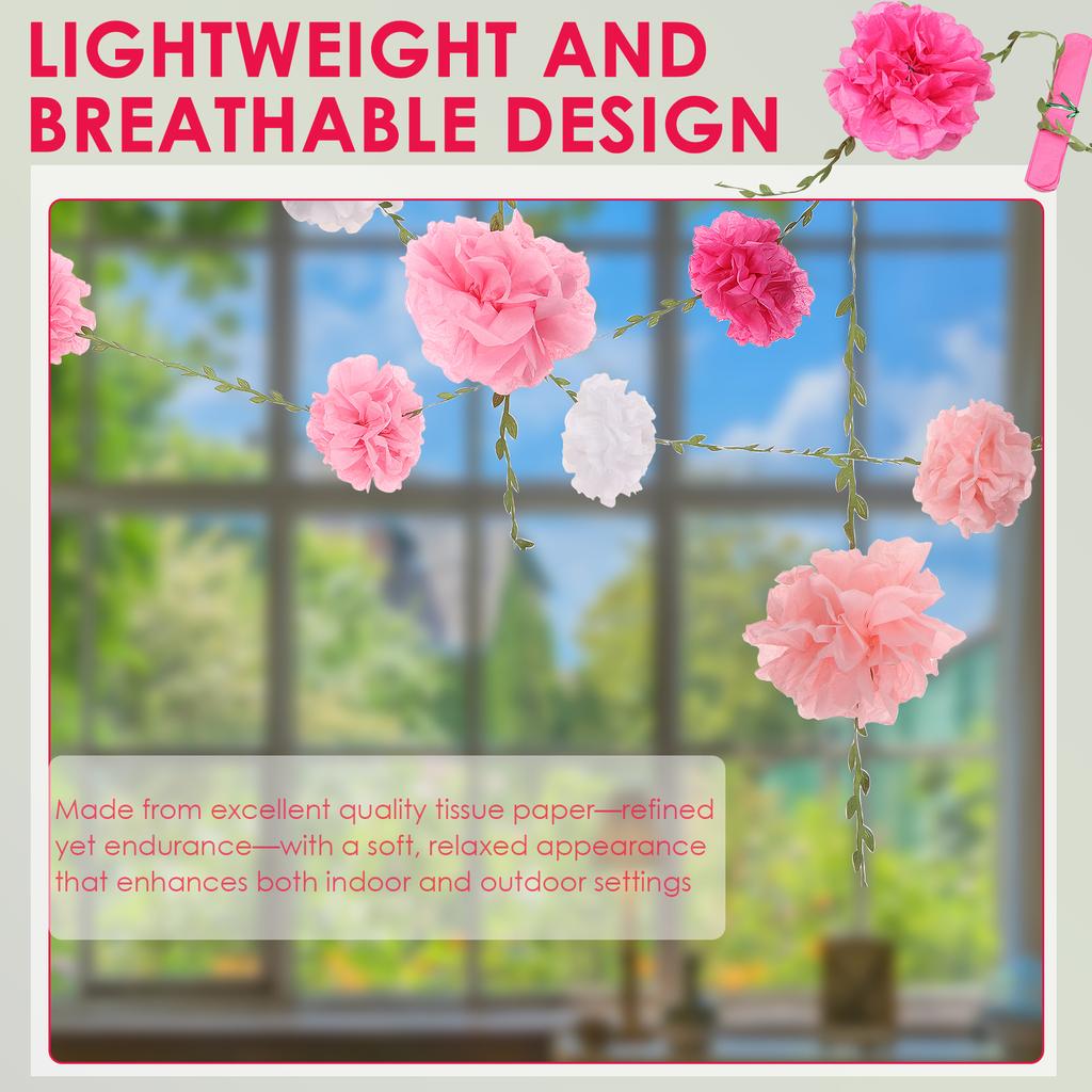 4pcs Paper Flower Garland Lightweight Simulation Pom Leaf Flower Banner for Birthday Wedding Engagement Baby Shower Party Decor