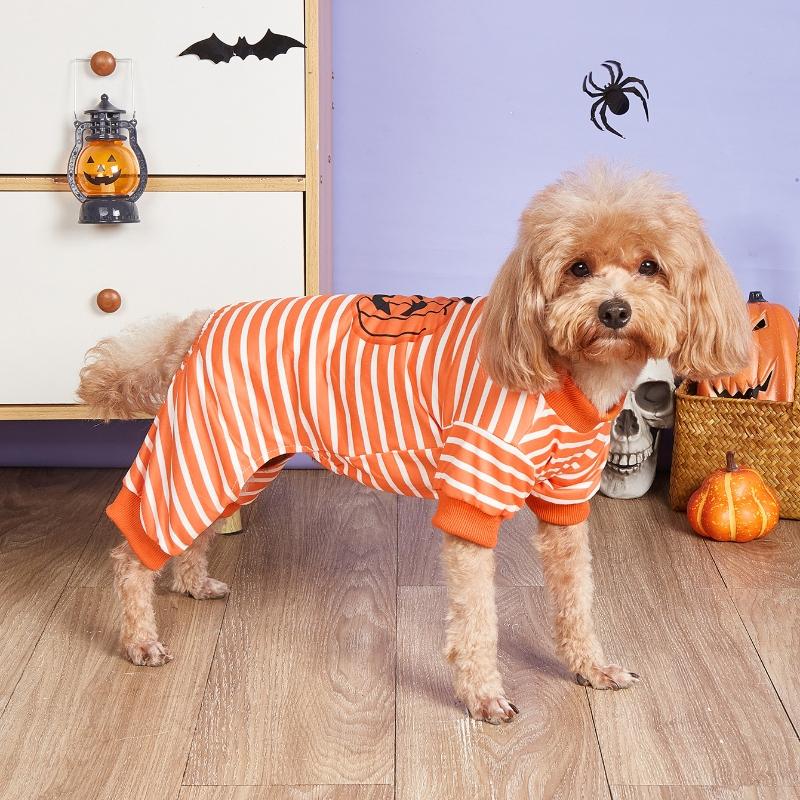 Halloween Pumpkin Dog Clothes Jumpsuit, Cute Orange & White Striped Pet Pajama, Festive Costume Onesie for Small Dogs Cats Party