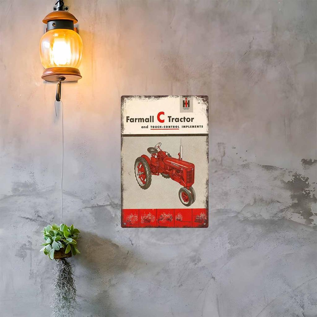 Retro Red Tractor with Exhaust Smoke in Countryside Scene Vintage Metal Wall Sign Decor Poster Frames Garage Living Room