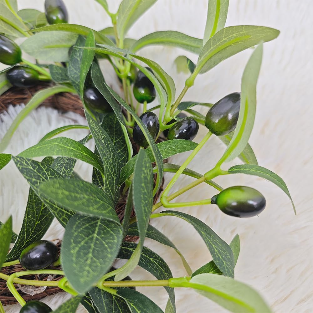2 Pack Artificial Green Olive Wreath Faux Kitchen Cabinet Wreaths Artificial Greenery Candle Rings Farmhouse Wreath for Door Wall Window
