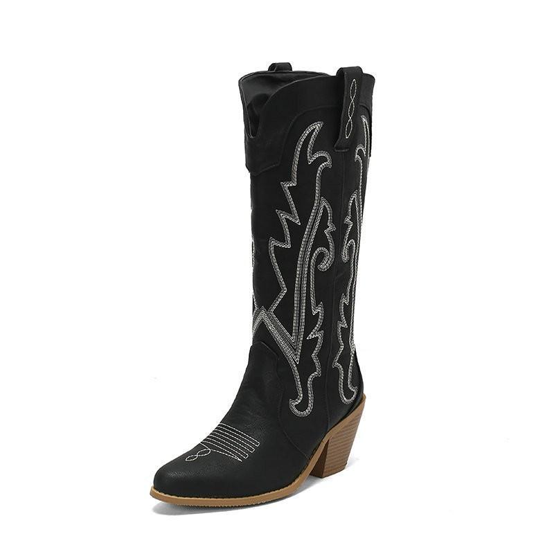 Womens Retro Embroidered Western Cowboy Boots Chunky Heel Color Block Knee High Fashion