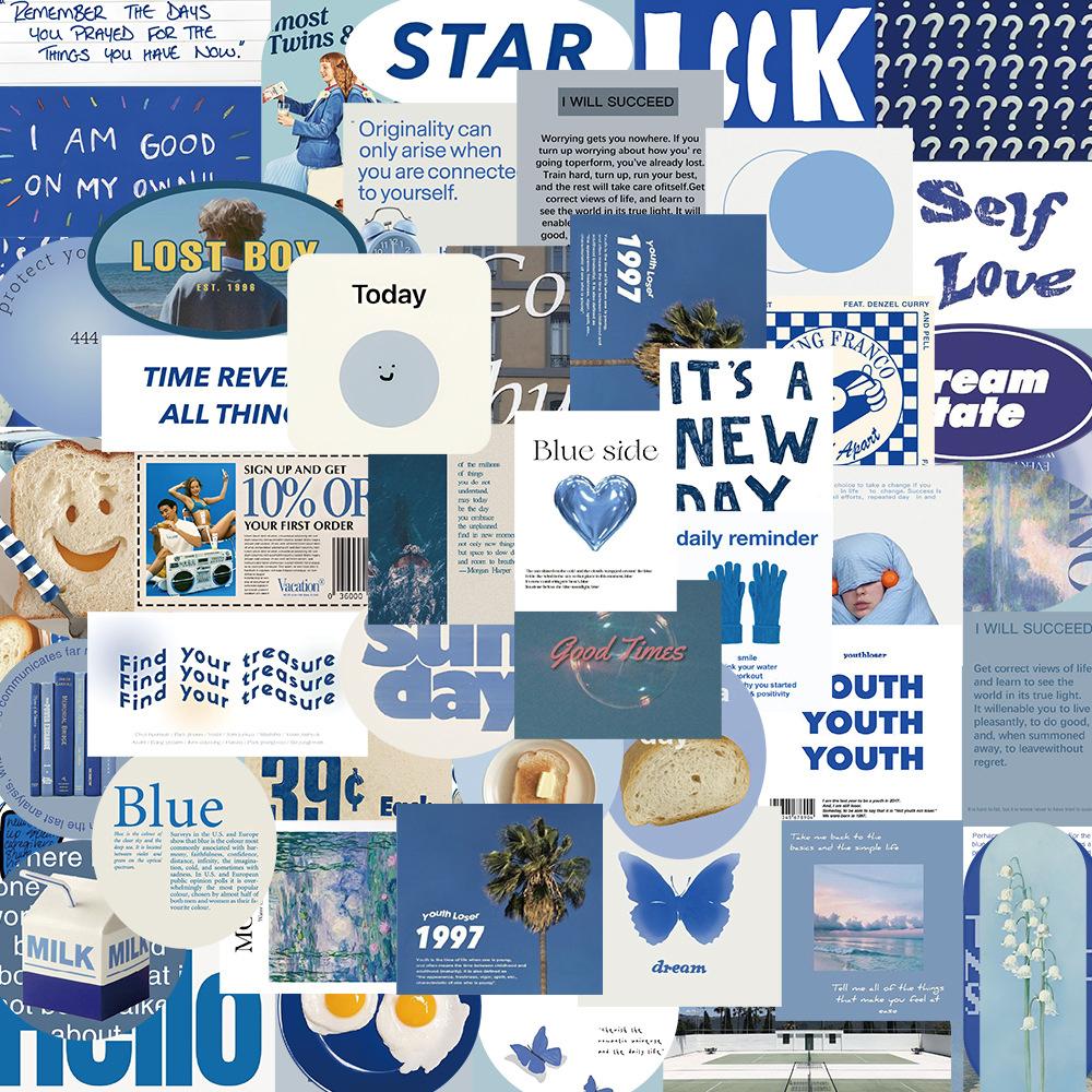 10/30/57pcs Korean Blue INS Healing Style Stickers Cute Aesthetic Decals Water Bottle Phone Notebook Kawaii Cartoon Sticker Gift