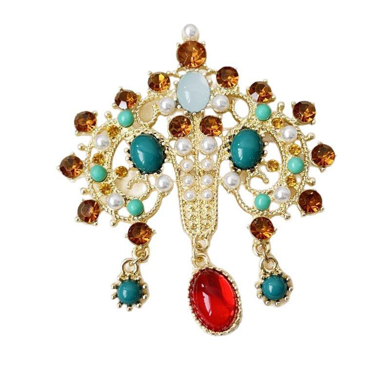 Retro European Court-Style Gemstone Brooch - Antique Replica with Full Diamond and Colorful Gems for Women