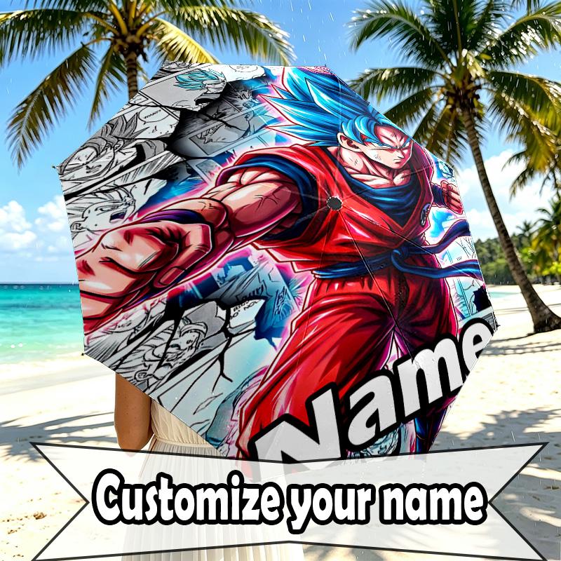 Custom Name Personalized DRAGON BALL Print Umbrella, Auto Open Close, 8‑Rib Sturdy Frame, Commute Camping Hiking Use, Birthday Gift