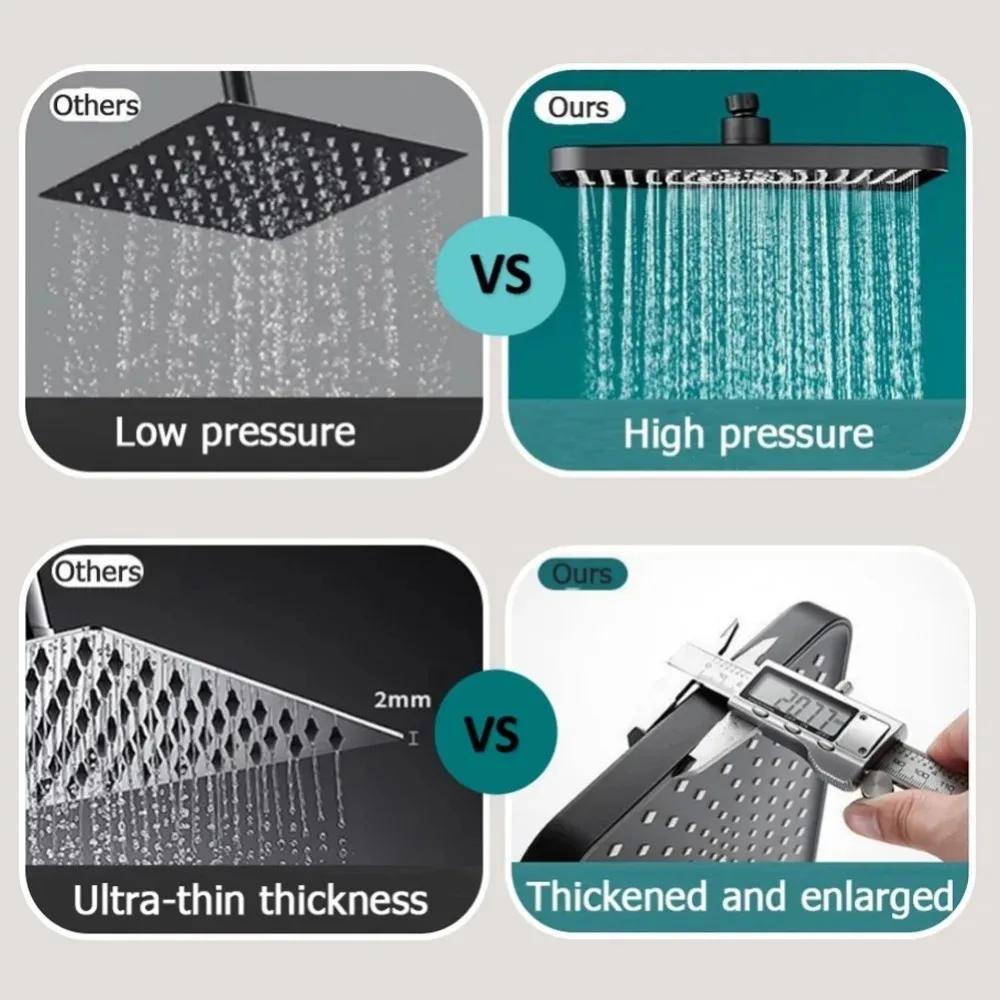 12 Inches Big Panel Large Flow Ceiling Mounted Supercharge Shower Head Set 3 Modes High Pressure Abs Rainfall Bathroom Shower