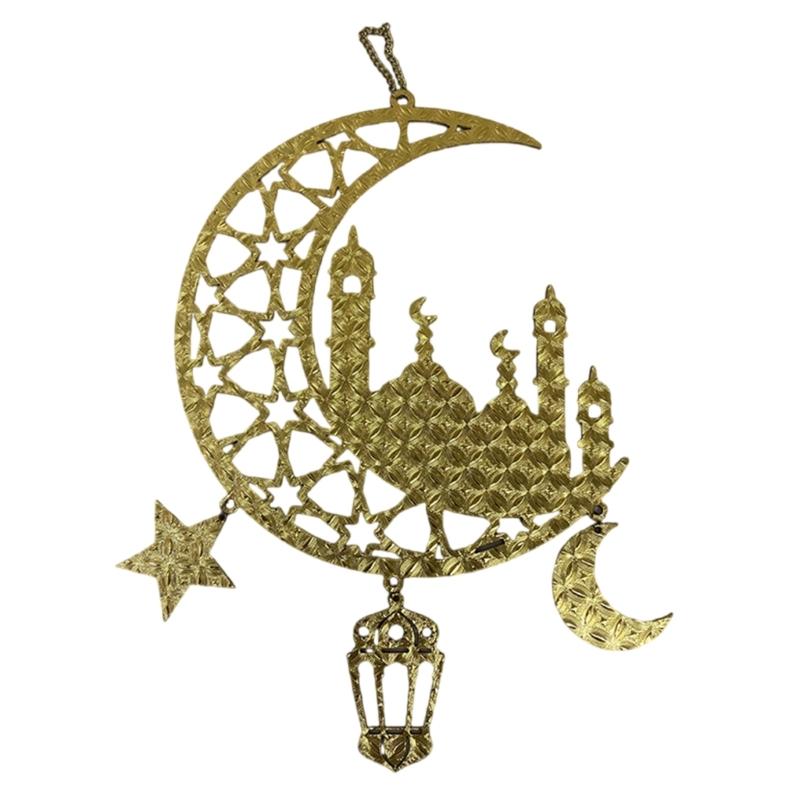 Eid Mubarak Home Decoration Golden Moon and Star Wood Holiday Pendant Decorative Hanging Ornament for Home Office
