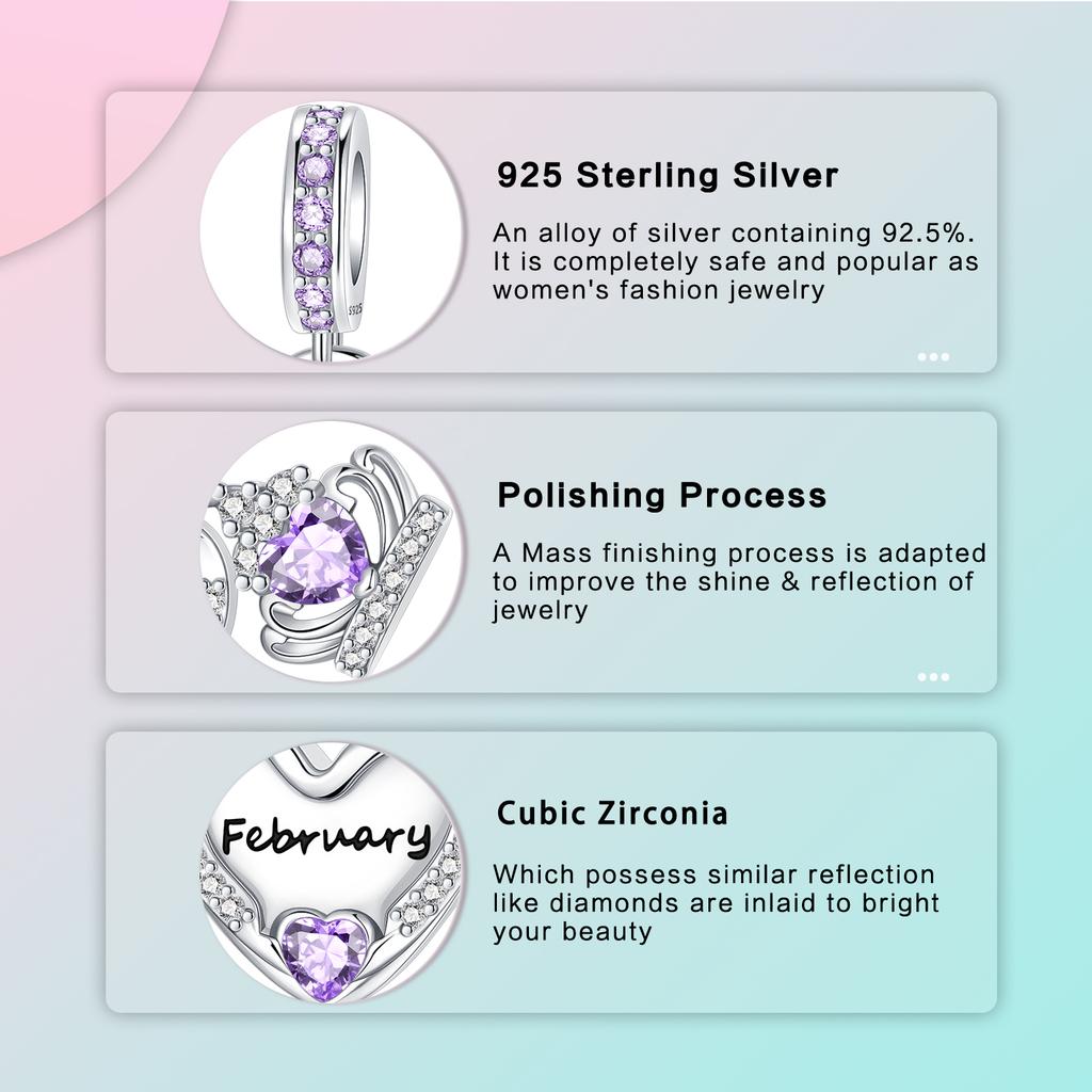 925  Silver January-December Birthday Stone Love Zircon Pendant Bead Fit Charms Necklace Bracelet Women Jewelry DIY Gift