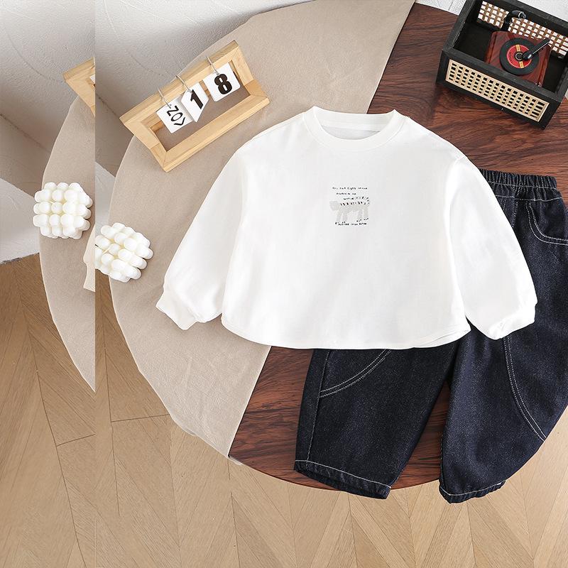 2025 Spring & Autumn Korean Style Trendy Kids' Denim Jacket and Wide-Leg Pants Fashion Three-Piece Set