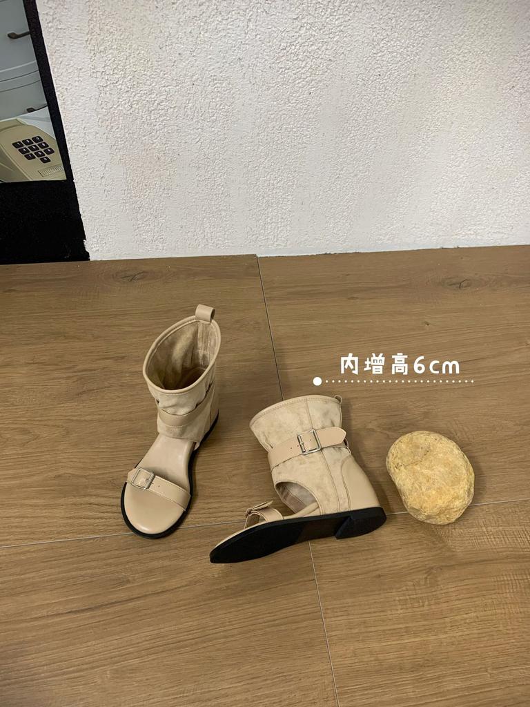 Inner Heightening Open-toe One-word Boots Inner Heightening Short Boots Belt Buckle Spring and Summer New Trouser Boots Cool Boots