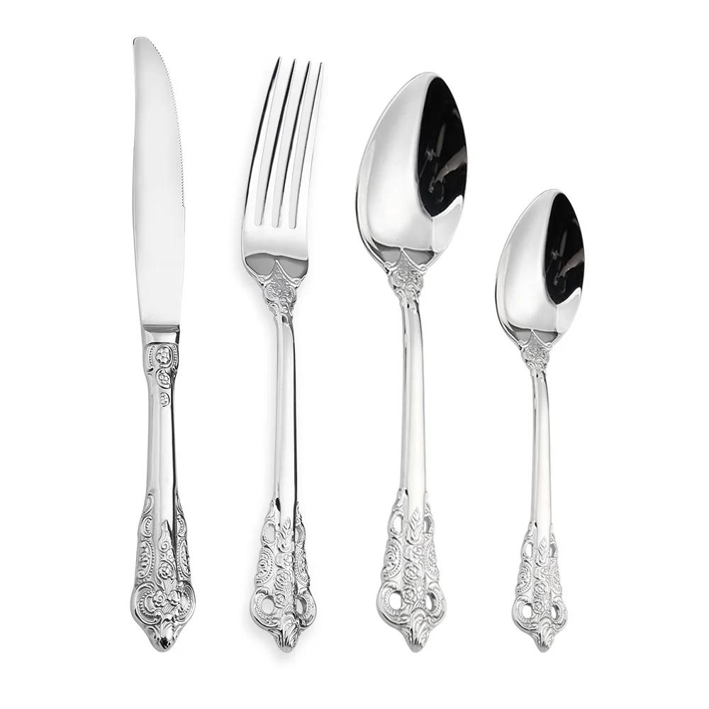 Stainless Steel Relievo Tableware Set, Banquet Western Tableware, Golden Gift Box, Retro Knife, Fork, Spoon, 24 Pcs