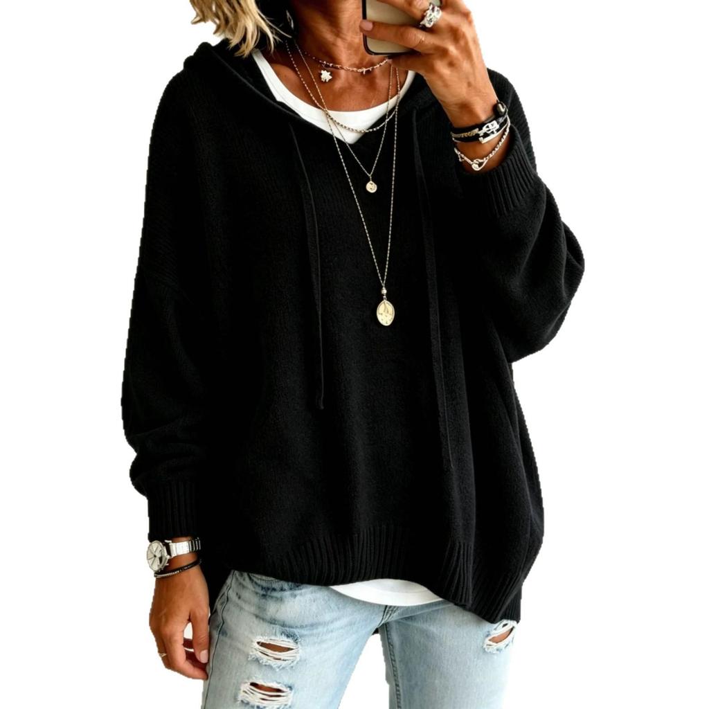 2026 Women's European & American Knit Hooded Drawstring Long Sleeve Loose Sweater Outerwear