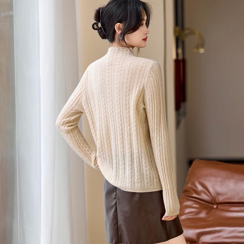 Srcr Women's 100% Cashmere Semi-High Collar Cable Knit Sweater