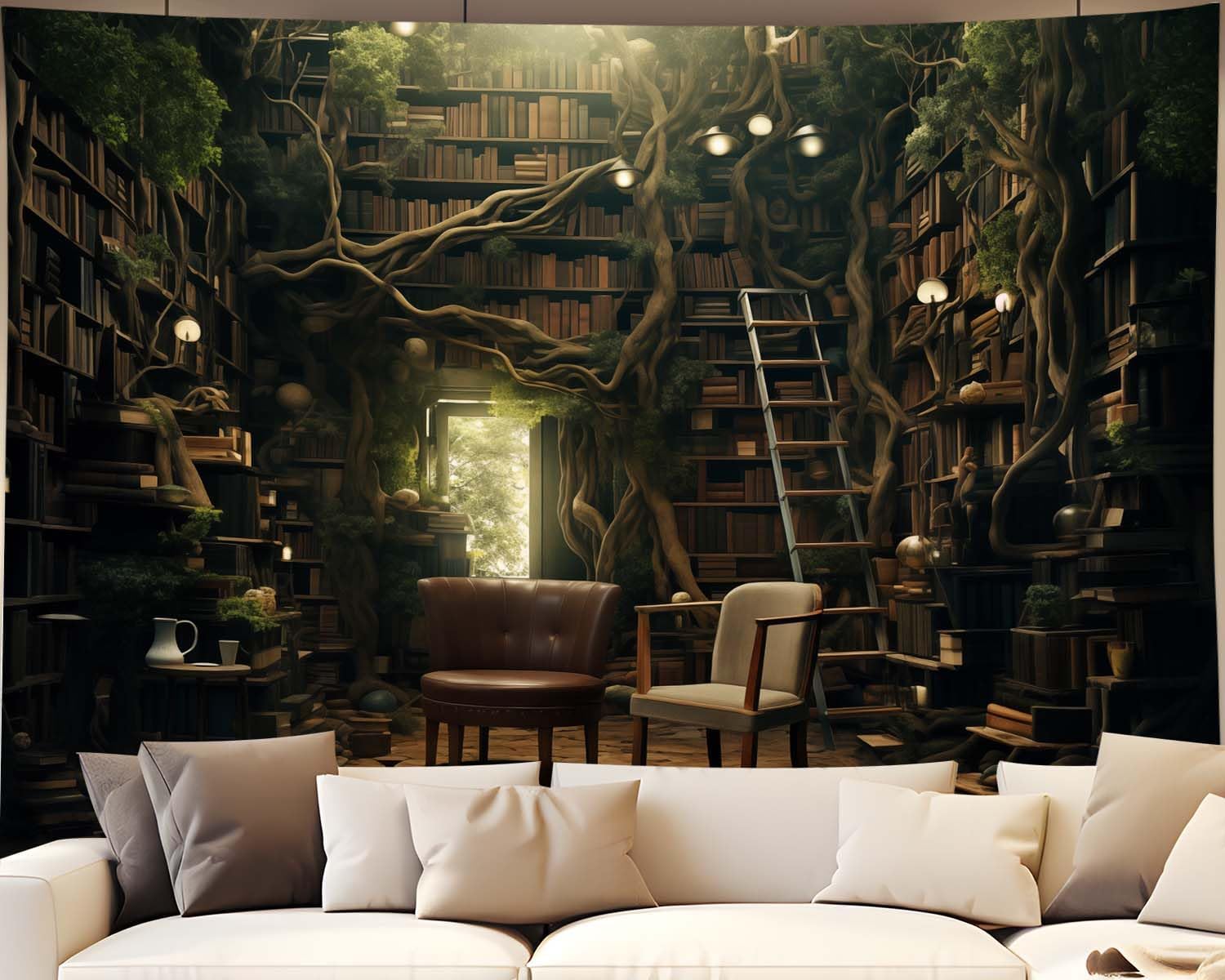 Library Tapestry Misty Witchy Fantasy Forest Wall Tapestry Large Book Tree House Medieval Tapestries for Study Room Bedroom Home 100X70CM