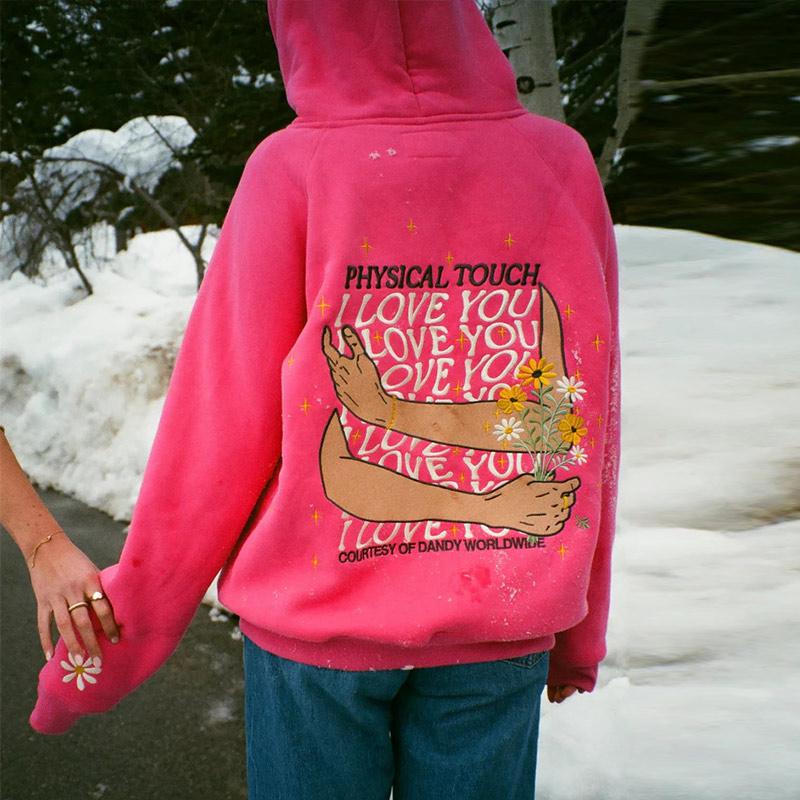 Kvinner Tykk Langermet Høst og Vinter O-Hals Hettegenser Vintage Blomsterprint Mote Løse Sweatshirts med Lomme