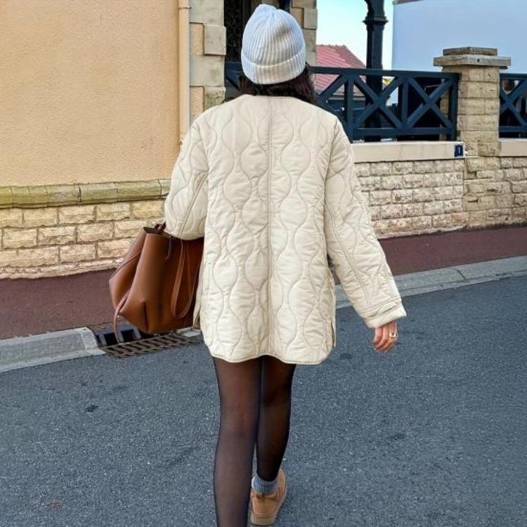 Jachetă puffer matlasată ușoară pentru femei, de iarnă, casual, outerwear, cu mânecă lungă, nasturi, căptușită, cu buzunare