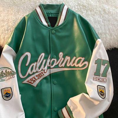 Men's PU Leather Baseball Jacket - Trendy American Style for Spring & Autumn, Niche Design, Couple's Splicing Jacket.