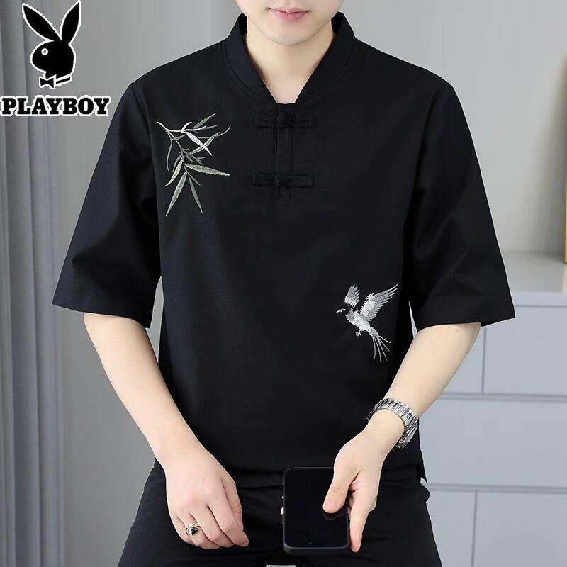 PLAYBOY Men s New Chinese Style Linen Blend Short Sleeve T-Shirt 2XL