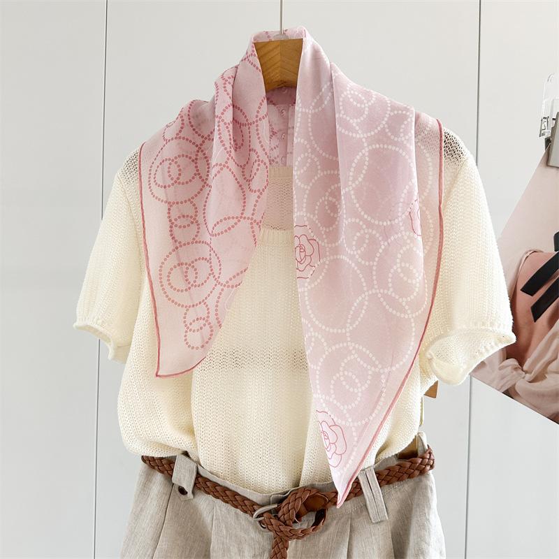 111 mulberry silk georgette square scarf, handmade curled pink camellia print light and breathable silk scarf women's batch