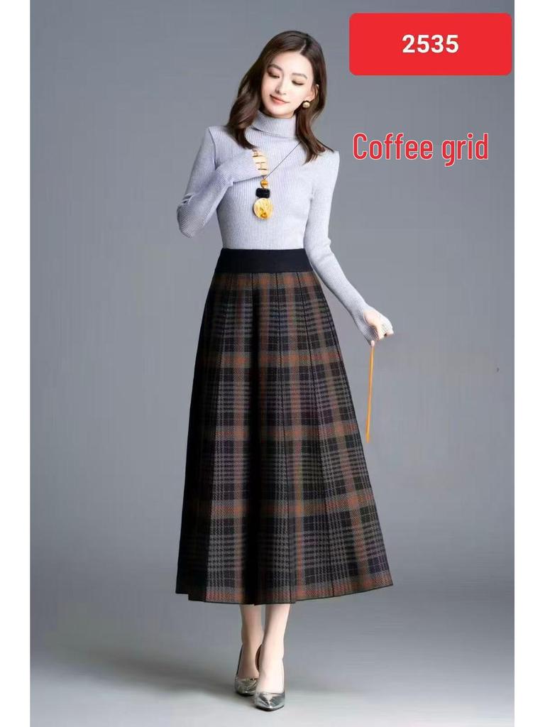 High-Waist Plaid Knit Flare Midi Skirt - Thick Pleated A-line for Autumn/Winter