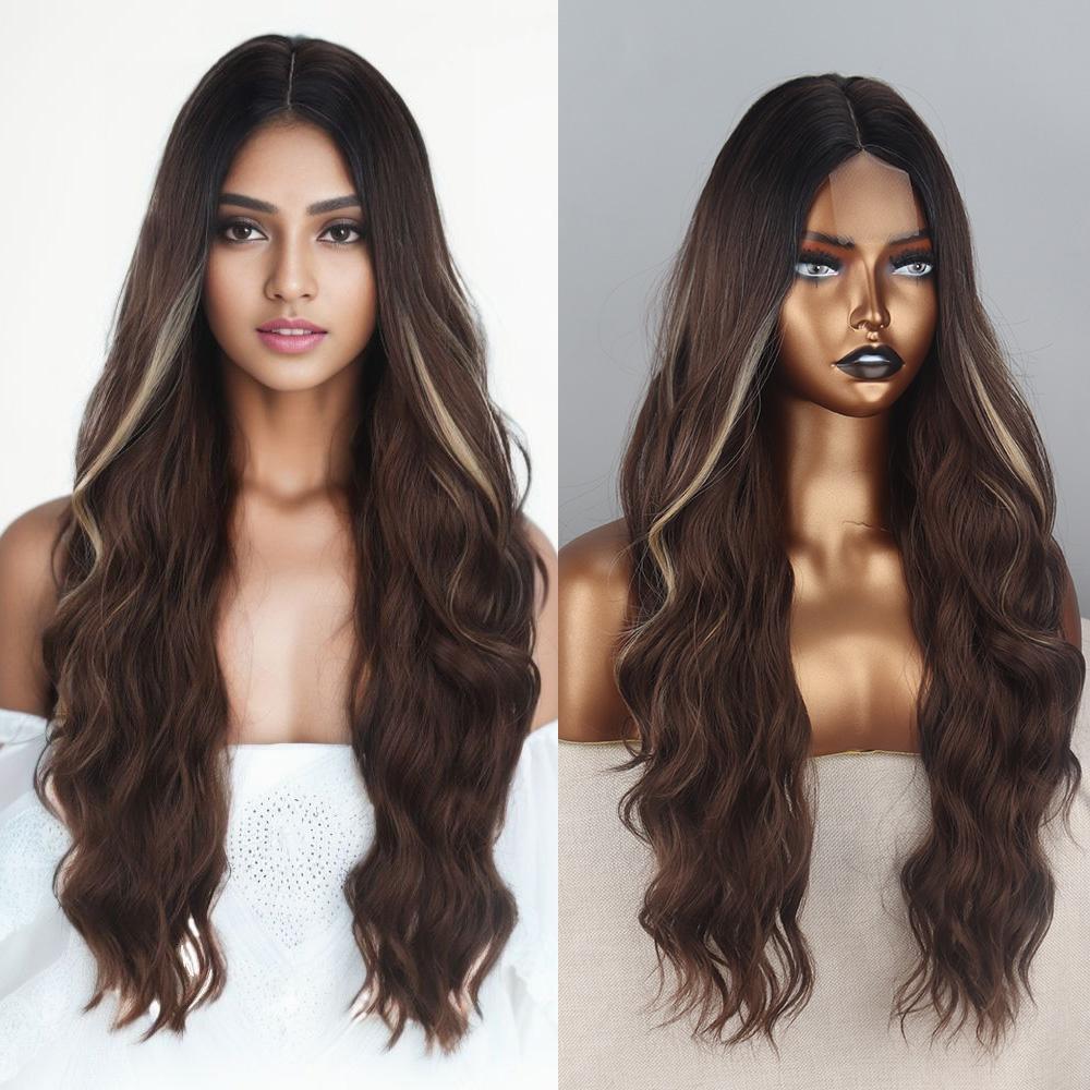 MERISIHAIR Pelucas Largas Onduladas con Línea de Cabello Marrón Cobrizo con Reflejos Rubios Pelucas Sintéticas para Mujer Diarias Naturales de Fibra Resistente al Calor