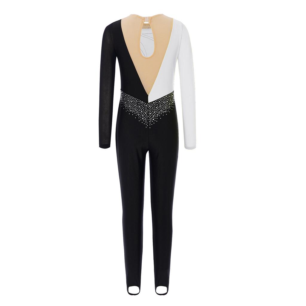 Mädchen Gymnastikkostüm Langarm Mesh Patchwork mit glänzenden Strasssteinen Schlüssellochrücken Tanz Jumpsuit