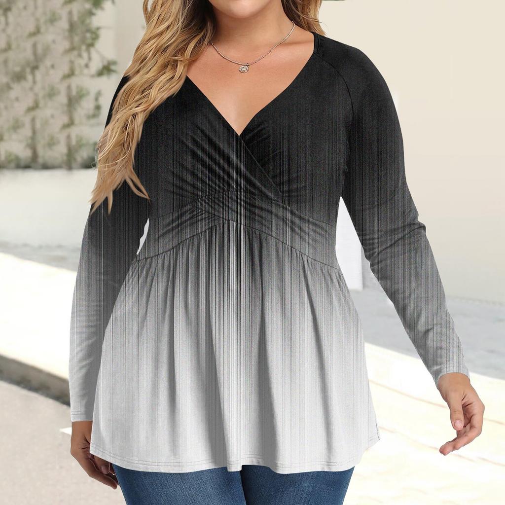 Women's Plus Size Shirt Long Sleeve  Print Top Pleated Casual V-Neck Top