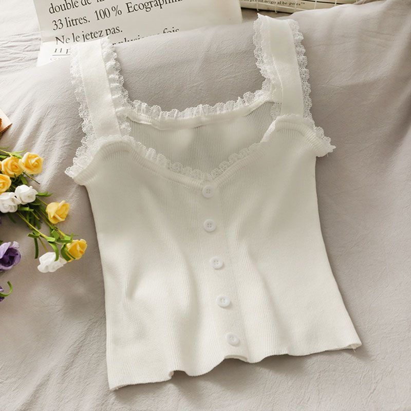 Lace Patchwork Fungus Edge Short Slim Fit Vest for Women New Candy Color Versatile Breasted Camisole for Summer